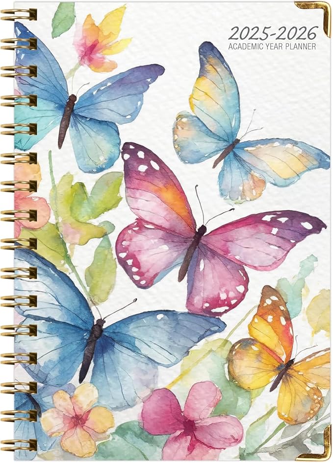 HARDCOVER Academic Year 2025-2026 Planner: (June 2025 Through July 2026) 5.5"x8" Daily Weekly Monthly Planner Yearly Agenda. Bookmark, Pocket Folder and Sticky Note Set (Watercolor Butterflies)