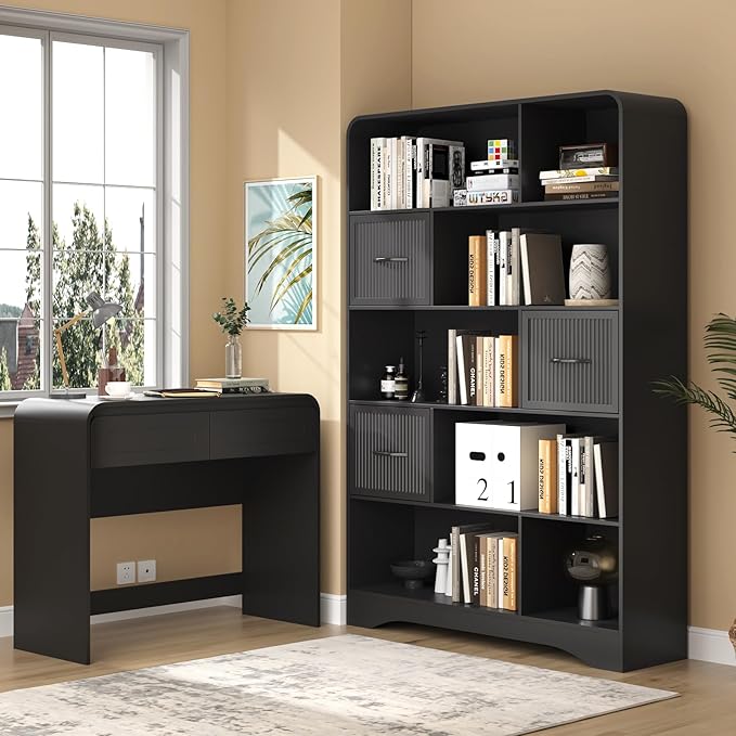 70" Tall Book Shelf and Bookcase, Tall Bookshelf with Storage, 48" Wide Modern Bookcase with Drawers Adjustable 3 Bins Storage, Large Bookshelf Wood 13" Deep Display Shelves for Living Room, Black