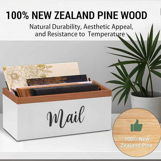 100% Real Wood Mail Organizer for Countertop, Dual-Sided Mail Script Design, Mail Holder for Office, Desk, Entryway Table, Rustic Farmhouse Style, Great Home Decor Gifts