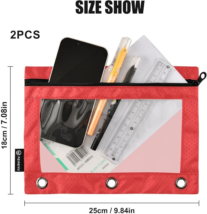 Gredecor Binder Pencil Pouch 3 Ring Red Zipper Pencil Pouches Case 2 Pack Clear Window Binder Organizer for School Office
