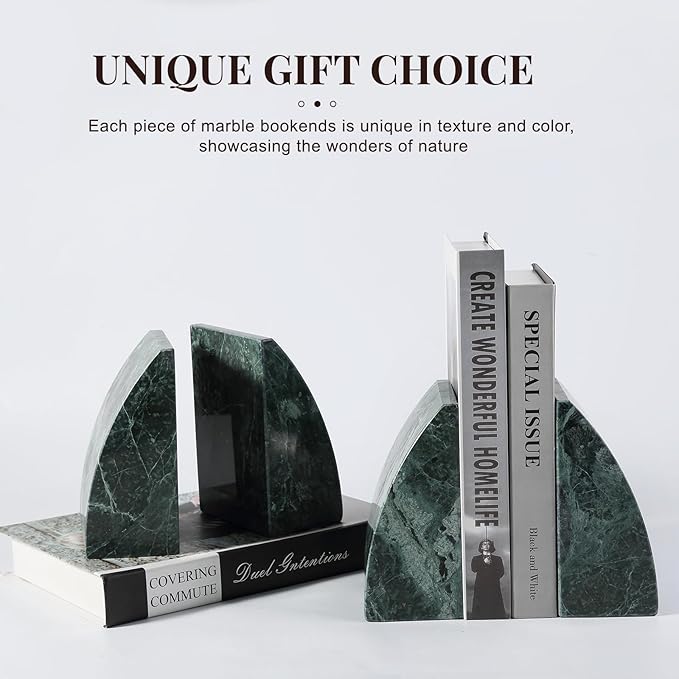 Koville Marble Bookends for Shelves, 8Lbs Large Stone Bookends for Heavy Books, Non-Slip Heavy Duty Book Stopper, Modern Decorative Book Ends for Bookshelf Table Home Decor(Green)
