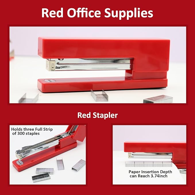 Red Office Supplies,UPIHO Red Desk Accessories,Stapler and Tape Dispenser Set for Women with Stapler,Tape Dispenser,Staple Remover,Staples,Push Pins,Scissor and Pocket Notebook,Gift for Office Clerks