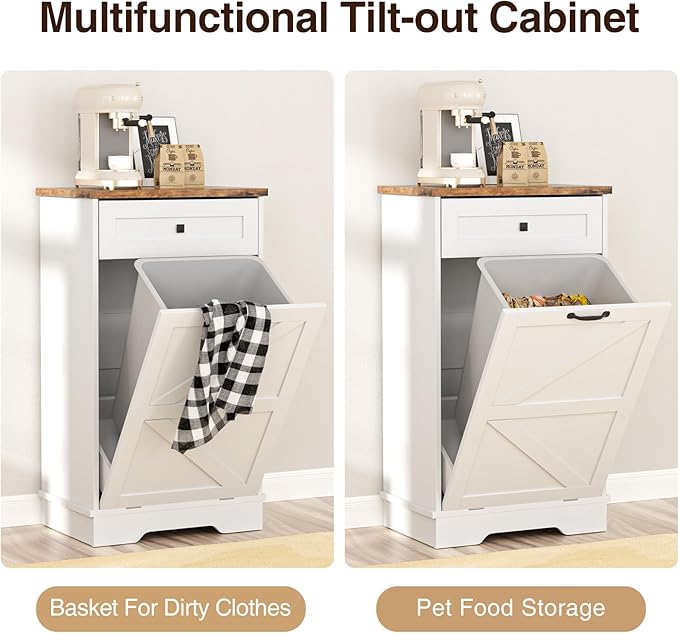 Tilt Out Trash Can, Farmhouse Kitchen Trash Cabinet w/Negative Ion, Dog Proof 10 Gallon Garbage Can for Kitchen, Bathroom, Living Room, White