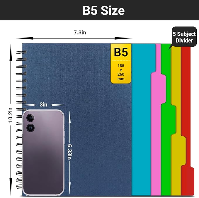 EUSOAR 5 Subject Notebook with Tabs, 1pcs B5 7.3"x10.2" Spiral College Ruled, 100GSM 120Sheets/ 240Pages of Lined Paper, Thick Hardcover, for Journal Students, Office and Business, Royal Blue