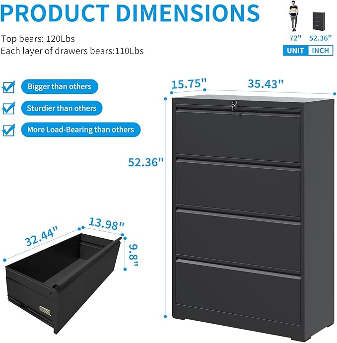 4 Drawer Lateral File Cabinet with Lock, Metal Lateral Filing Cabinet for Home Office, Steel Wide Horizontal Filing Cabinets for Letter/Legal/A4/F4 Hanging Files (Black)