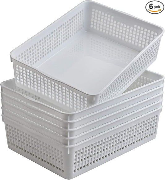 A4 Size Plastic Paper Storage Trays,Desktop File Organizer Baskets,6-Packs (White)