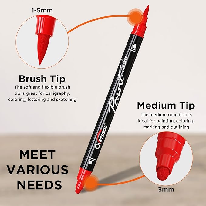 Overseas Red Acrylic Paint Markers, 6 Pack Dual Tip Paint Pens Acrylic Markers - Dot and Brush Tip Coloring Marker for Wood, Rock, Canvas, Glass, Metal, Plastic, Rubber, Fabric, School Supplies