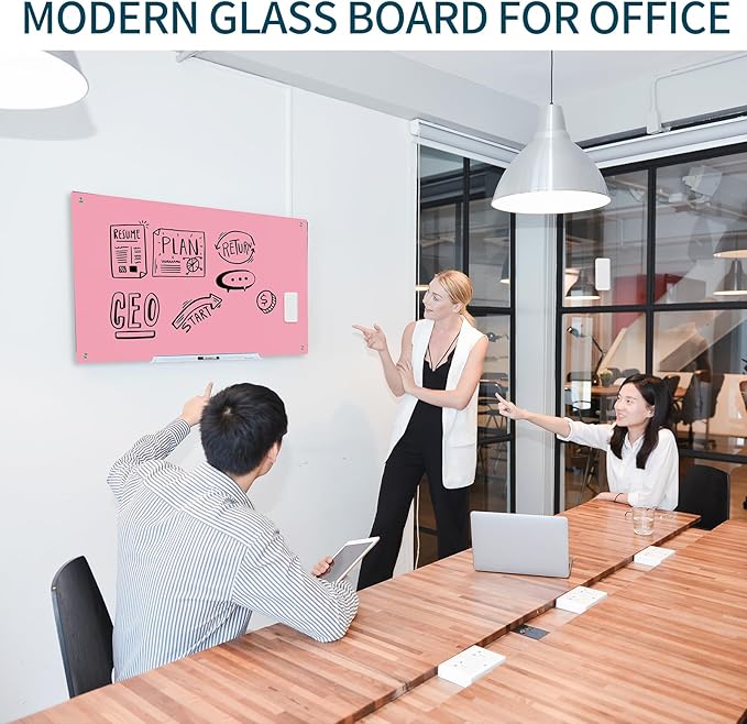 Magnetic Whiteboard, Pink Dry Erase Board 3' x 2', Tempered Glass White Board Frameless, Home School Supplies or Home Office Decor with Magnets, Markers, Eraser, Marker Tray