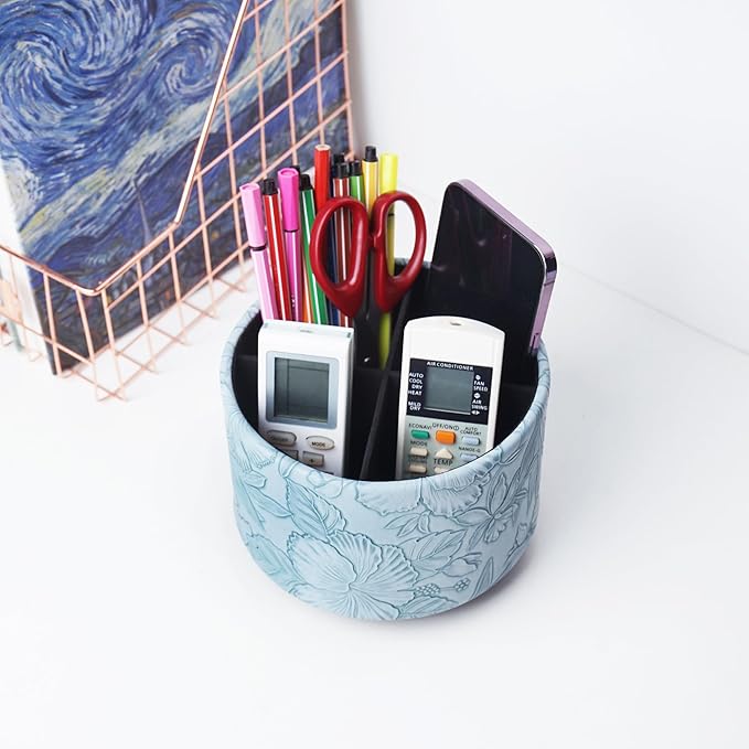Hennaja Round Leather Art Supply Organizer,Remote Control Holder,360 Degree Spinning,Multi-Functional Pencil Holder,4 Compartments Desktop Stationary Organizer(1-Carved Light Blue)