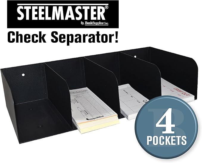 STEELMASTER by BankSupplies Steel Document Organizer - 4-Pockets - Black - Powder Coated Crinkle Finish - Scratch & Chip-Resistant - Check Separator, Deposit Slips, Letter Organizer, Money & Bills