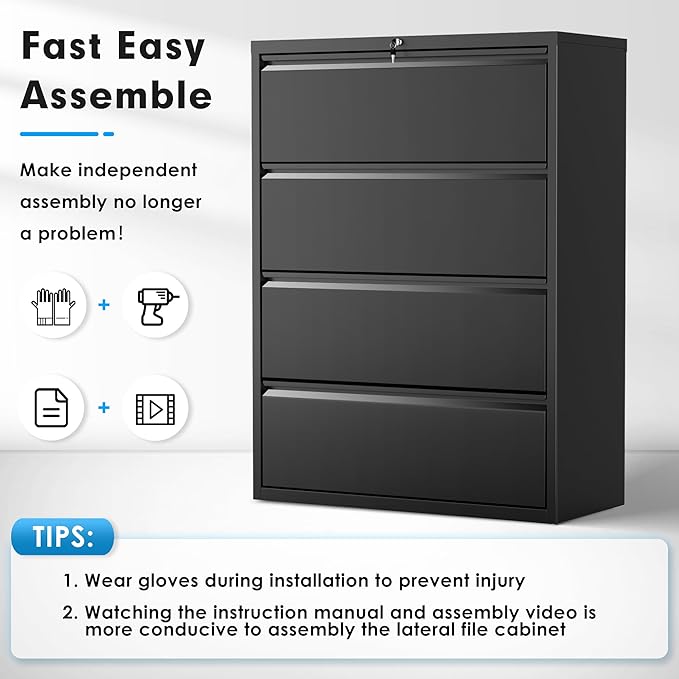 Pataku 4 Drawer File Cabinet with Lock, Metal Lateral File Cabinets for Home Office 4 Drawer, Locking Filling Cabinets for Hanging Files Letter/Legal/F4/A4 Size (Blcak)