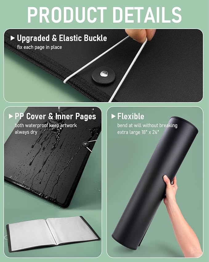 Nicpro 18x24 Large Art Portfolio Folder, 30 Pockets Display 60 Pages Artist Portfolio Folder with Clear Plastic Sleeves, Presentation Storage Book for Artists Artwork Drawing Painting Black