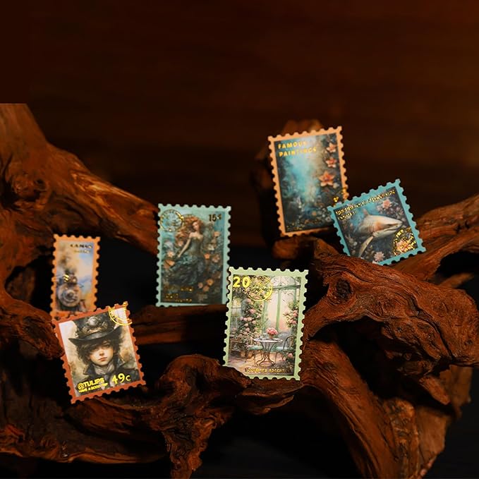 120Pcs Stamp Washi Stickers, Gold Foil Designs for Scrapbooking, DIY Crafts, Vintage Journaling Supplies, Junk Journal Ephemera, Includes Organizer