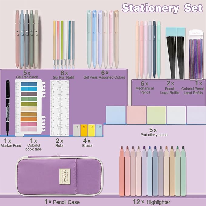 52 PCS Aesthetic School Supplies with Highlighters, Mechanical Pencils, Color Ink Gel pens, Pencil Case, Bible Study Supplies, Pens Pencils and Highlighters Set, Stationary Set for Student (Purple)