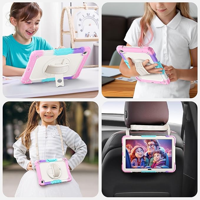 SEYMAC Case for Samsung Galaxy Tab A9+/ A9 Plus 11" (SM-X210/X216/X218), Heavy Duty Shockproof Protective Case with Screen Protector, Rotating Stand, Hand/Shoulder Strap, Pink