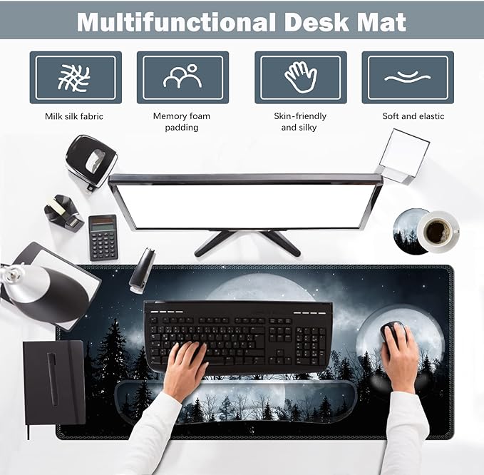 ARTSO Large Mouse Pad Ergonomic Keyboard Wrist Rest Support, Memory Foam Extended Desk Mat Protector, Non-Slip Desk Blotter for Office, Home, Night Moon Forest