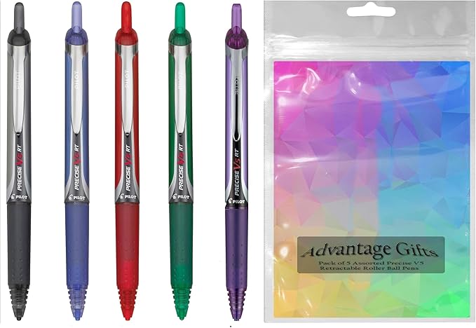 Precise V5 RT Retractable Rolling Ball Pens, Extra Fine Point (.5mm), Assorted Colors Black/Blue/Red/Green/Purple Ink, 5-pk; Premium Comfort Grip, Bundle with Plastic Reusable Pouch