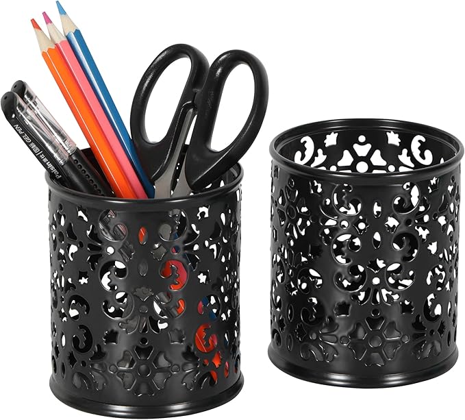 EasyPAG 2-Pack Round Carved Hollow Pen Holder with Non-Slip Base, 3.75" Vibrant Desk Organizer for Office/Home/Makeup, Black