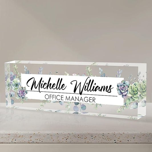 Personalized Name Plate for Desk, Custom Desk Name Plate, Acrylic Name Plate Office Desk Accessories, Personalized Office Gifts for Coworkers Teachers, Employee Appreciation Gifts (A-Never Wither)