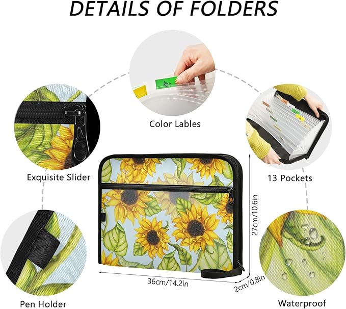 Expanding File Folder,13 Pocket Accordion File Folders with Sticky Labels, A4 Letter Size Paper Document Organizer with Zipper Closure for Office School,Hand Painted Sunflower