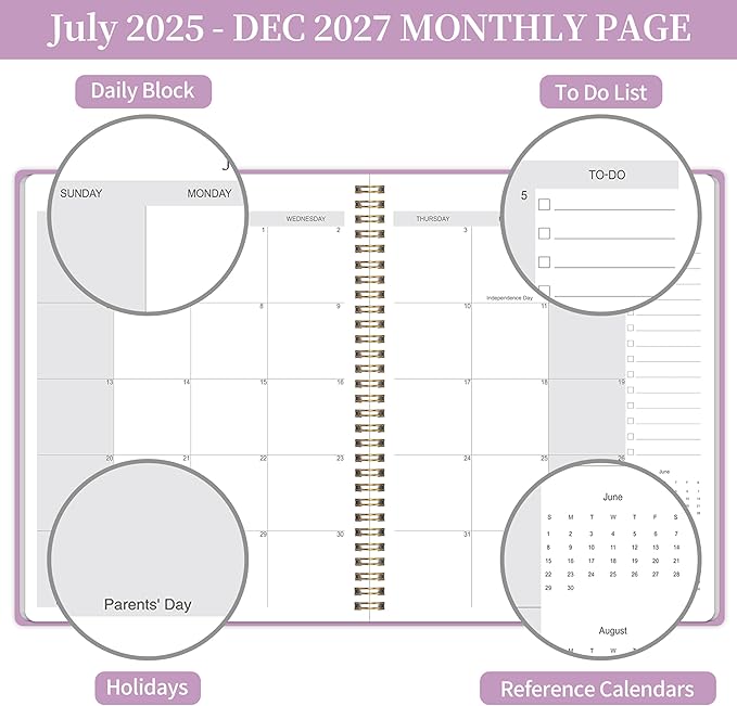 Monthly Planner 2025-2027 - 2 Year Monthly Planner Calendar 2025-2027, July 2025 - June 2027, 7.3" * 9.5", 24 Months Calendar Planner with Waterproof Cover＆Spiral Bound, for Office, School Home Planning - Purple