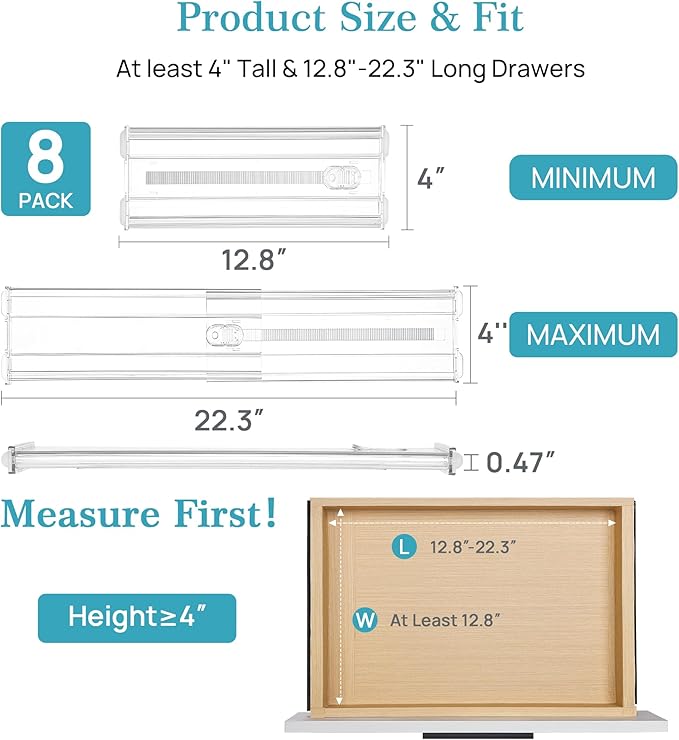 Vtopmart 8 Pack 4" Regular Upgrade Drawer Dividers for Clothes, 12.8"-22.3" Expandable Dresser Drawer Organizer, Clear Plastic Separators for Dresser, Baby Clothing, Underwear, Cosmetic, Toiletries