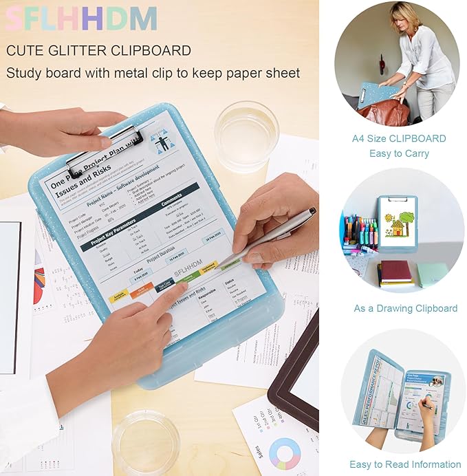 Glitter Clipboard with Storage,Storage Clipboard with Pen Holder,A4 Binder Clip Boards 8.5x11 with Low Profile Clip,Side Opening Sparkle Clipboards, Clipboards Folder for Office Supplies-Aqua Blue