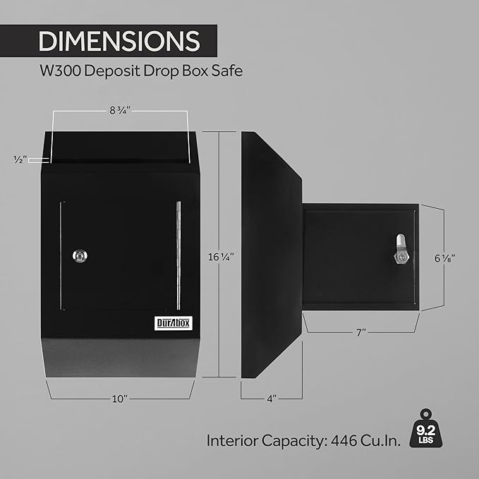 Drop Box Deposit Safe 10 x 4 x 16” Heavy Duty Steel with Slim Profile Wall Mailbox with Wide Deposit Slot for Letters, Documents Checks and Cash for Home, Office & Commercial (W300) (Black)