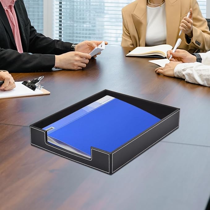 Leather 1-Layer Letter Tray Stackable File Document Tray,A4 Paper Case Rack Desk Office Supplies Organizer Holders,Desktop Organization, Pen Mail Magazine Storage Box(Black)