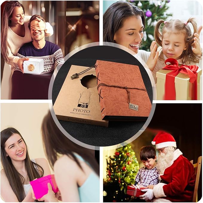 ThxMadam Orange Scrapbook Leather Photo Album Vintage Wedding Guest Book Memory Book with 60 Black Pages Present for Valentines Anniversary Mother’s Day Birthday Gift for Wife Mum Daughter Boyfriend