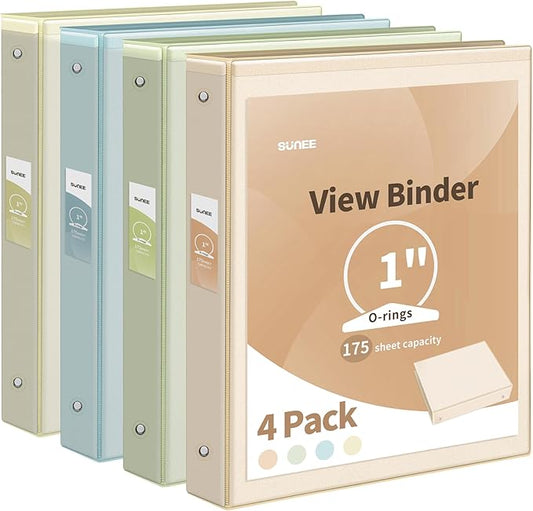 SUNEE 3 Ring Binder 1 Inch 4 Pack, Clear View Binder Three Ring PVC-Free (Fit 8.5x11 Inches) for School or Office Supplies, Neutral Aesthetic