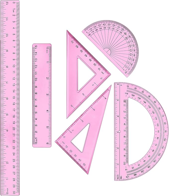 Tenare 1 Set Plastic Clear Math Set Includes Protractor Triangle Rulers 12 Inch 6 Inch Straight Geometry Math Transparent Ruler Measuring Tool for School Office Home Supplies(Pink)