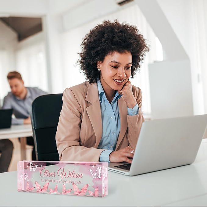 Custom Name Plate for Desk, Personalized Acrylic Office Name Sign with Name & Title, Elegant Desk Decor for Women Men, Employee Appreciation Gift (Pink Butterfly)