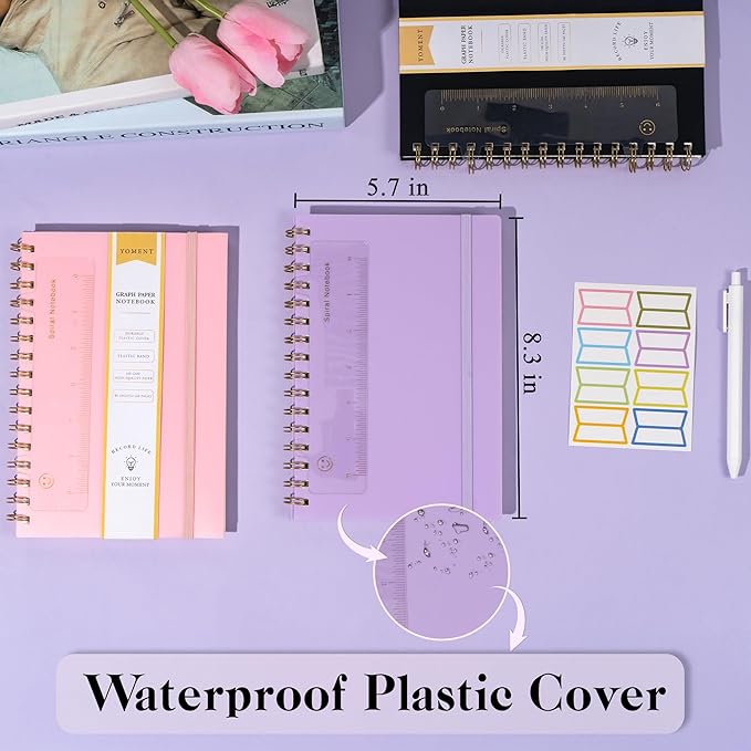 Yoment Graph Paper Spiral Notebook A5 Graphing Notebook 160 Pages Graph Paper Notebook Spiral Bound Waterproof Plastic Hardcover Spiral Journal 5x7 Grid Notebooks for Note Taking,Purple