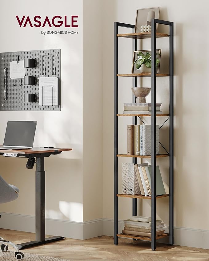 VASAGLE 6-Tier Bookshelf, Bookcase with Steel Frame, Book Shelf for Living Room, Home Office, Study, 11.8 x 15.7 x 73.2 Inches, Industrial Style, Rustic Brown and Ink Black ULLS101B01