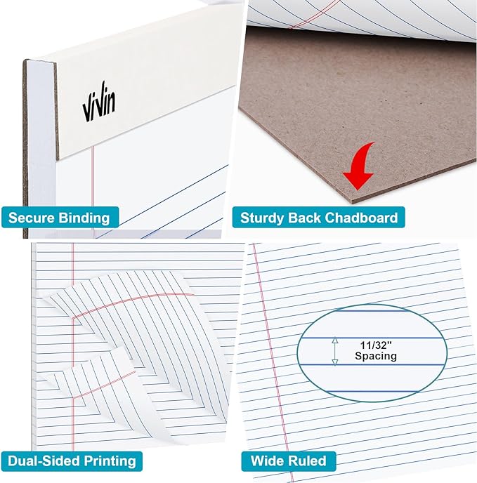 ViVin Legal Pads 8.5 x 11 Inch, Wide Ruled Note Pads, 6 Pack, 50 Sheet/Pad, Perforated Writing Pads, Notepads for Office Home School, 300 Sheets, White Paper
