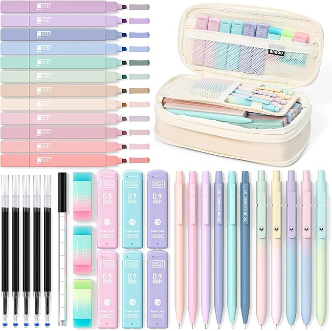Four Candies 39 PCS Aesthetic School Supplies with Cute Pen Case, 12 Pastel Highlighters, 5 Black Ink Gel Pens, 6 Mechanical Pencils Set for Students Stationary College Essentials (Cream)