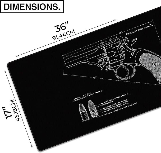 MPCO. Blueprints Large Gaming Desk Pad - 36" x 17" Duraglyde Fabric Pistol Webly Mark IV – Black Desk Mats - Non-Slip, Washable, Smooth Glide for Precision Gaming & Work