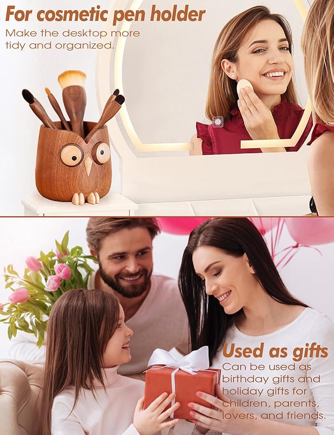 Cute owl pen holder Desk Organizer Decoration Pencil Holder Stand pen holder for desk Magnetic rotating eyes Ebony whole wood carving for office school Home office accessories gifts (dark brown)