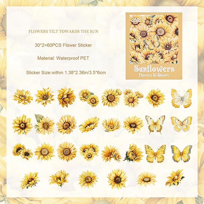 Doraking 60 Pieces Glitter Shiny Flower Stickers for Journaling, Waterproof Decorative Decal for Scrapbooking Supplies Journal Planners Art Crafts Photo Album Decor (Yellow)