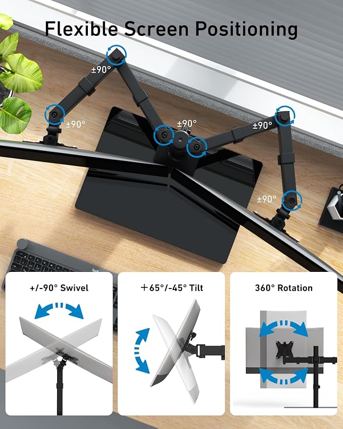 HUANUO Freestanding Dual Monitor Stand, 32 Inch Dual Monitor Mount for 2 Screens, Holds up to 22 lbs per Arm, Monitor Arm Riser with Tempered-Glass Base, Tilt, Swivel, Rotation, Black