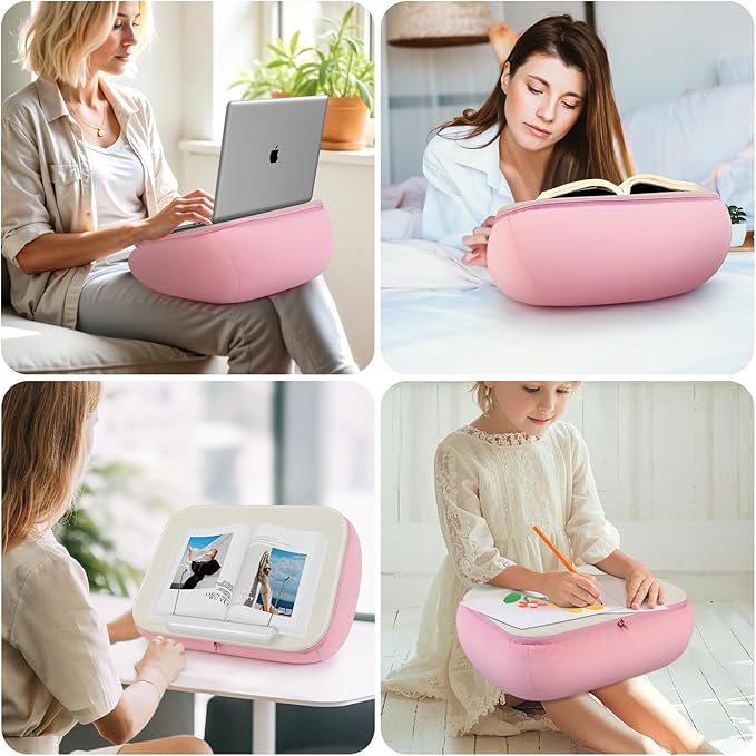 elitehood Bean Bag Laptop Lap Desk, Soft Cushion Stand for Book, Laptop, Tablet, Book Holder for Reading in Bed, Lap Pillow Desk Ideal for Working, Writing and Relaxation on Bed, Couch, Recliner, Pink