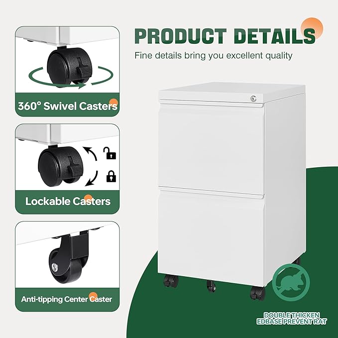 Letaya 2 Drawer Mobile File Cabinet with Lock,Under Desk Metal Filing Cabinets for Home Office Organizer Letters/Legal/A4(Fully Assembled-White)