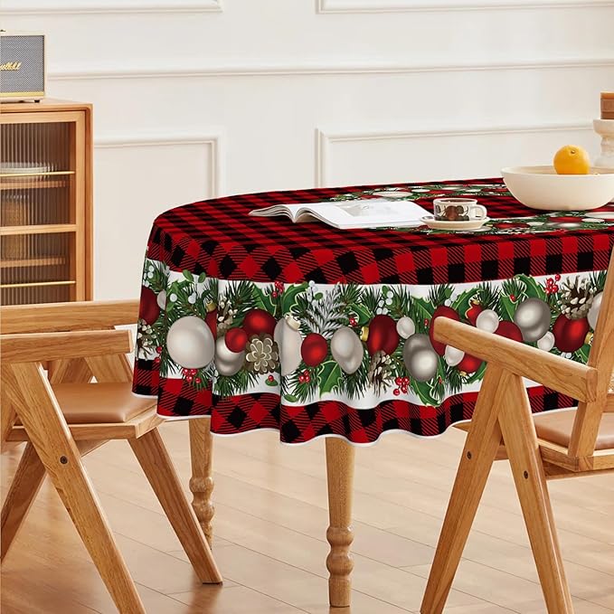 Horaldaily Christmas Tablecloth 60×84 Inch Oval, Christmas Ball Ornaments Red Bufalo Plaid Washable Table Cover for Party Picnic Dinner Decor