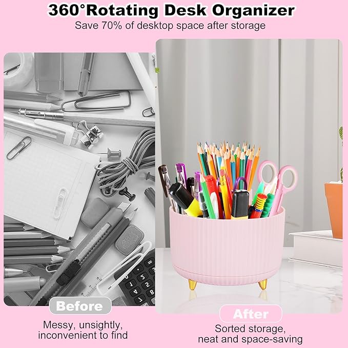 Desk Organizers and Accessories Set with 360-Degree Rotating Pen Holder, Tape Dispenser, Stapler, Staple Remover, 1000 Staples, Tape, Clips Set, Ruler, Scissor, Pen