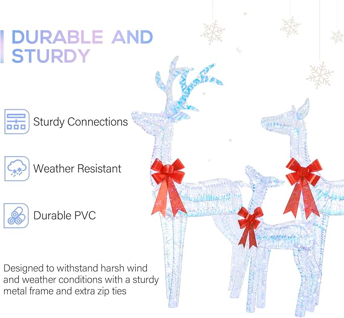 Hykolity 4.5FT 3D Pre-lit Iridescent Christmas Reindeers Family, 3-Piece Lighted Deer Set with 280 LED Lights, Stakes, Zip Ties for Indoor or Outdoor Christmas Decorations