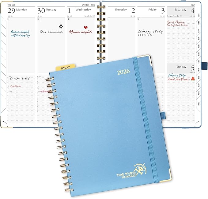 POPRUN 2026 Planner (Large Size 10'' x 8'' Wire-Bound Hard Cover) Daily Weekly and Monthly Calendar - Agenda 2026 (Jan.2026-Dec.2026) with Hourly Schedule, Monthly Tabs - Haze Blue