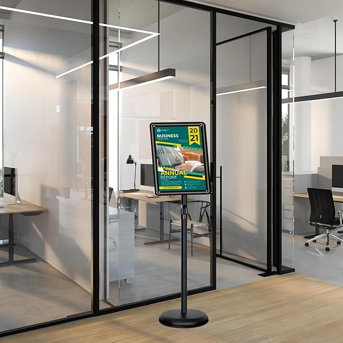 Poster Stand Holder Adjustable Pedestal Floor Standing Sign Holder Vertical and Horizontal View Sign Display, Aluminum Snap Open Frame with Safety Corner (2P-Black-11x17)