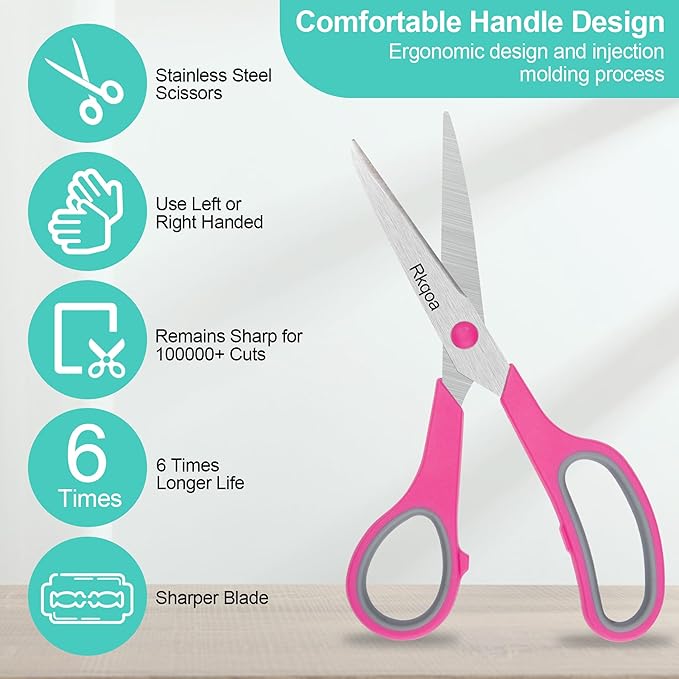 Scissors, Rkqoa 8" All Purpose Office Scissor 6 Pack - Comfort-Grip Sharp Shears for Office School House Sewing Fabric Crafts Arts Desk Classroom Supplies, Teacher/Class Scissors