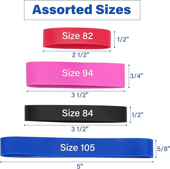 LotFancy Rubber Bands Assorted Size, 4 Sizes Size84, Size82, Size 94, Size 105, Heavy Duty Colored Rubber Bands for Office Supplies